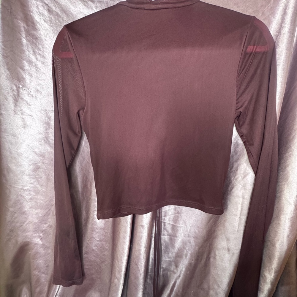 Selfie Burgundy Ruched Long Sleeve Mesh Top - Picture 2 of 7